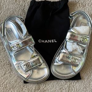 NEW! CHANEL Silver Leather Dad Sandals - 6.5